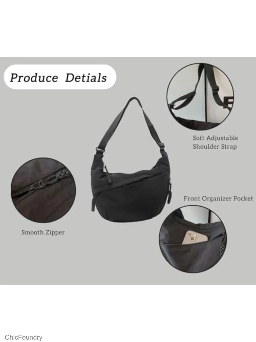 Nylon Crescent Crossbody Bag with Adjustable Strap Multi-Pocket Hobo Shoulder